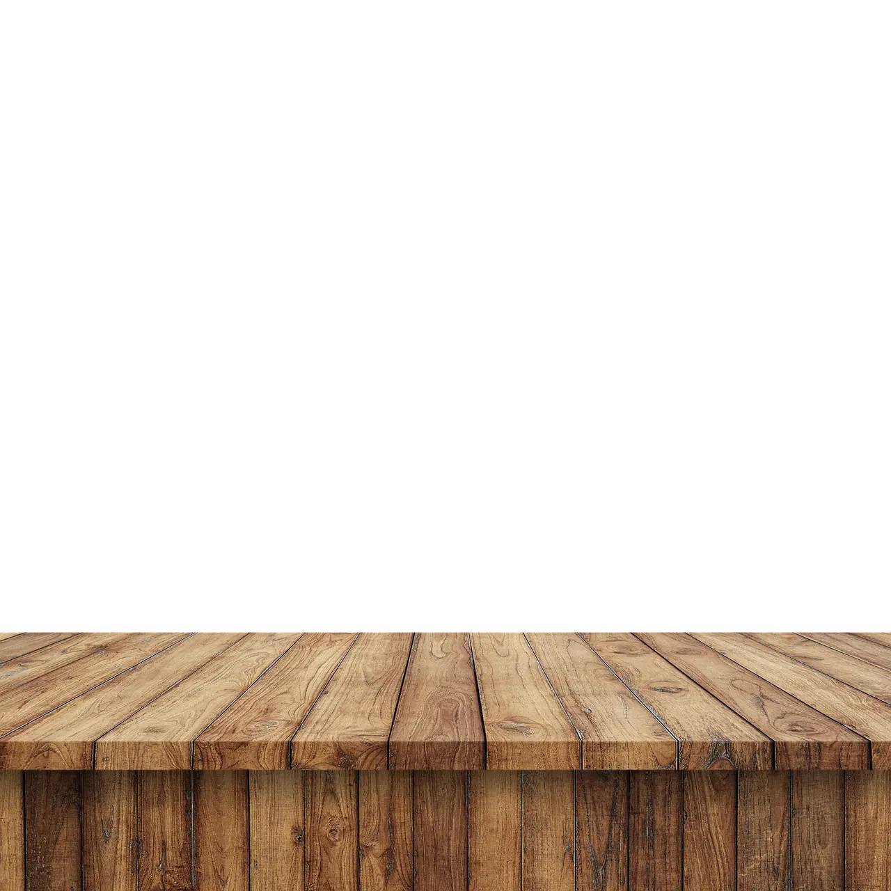 An empty wooden table top against a plain white background